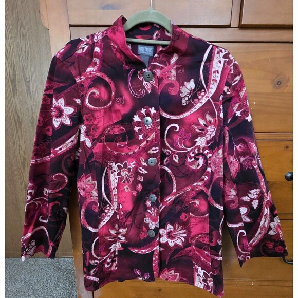 Chico's Jackets & Blazers - Chico's Red & Black Floral Print Button Front Blazer